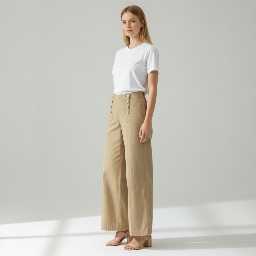 Le Chateau Linen Pants Wide Leg Palazzo Flowy Nautical Neutral Tan Size 6